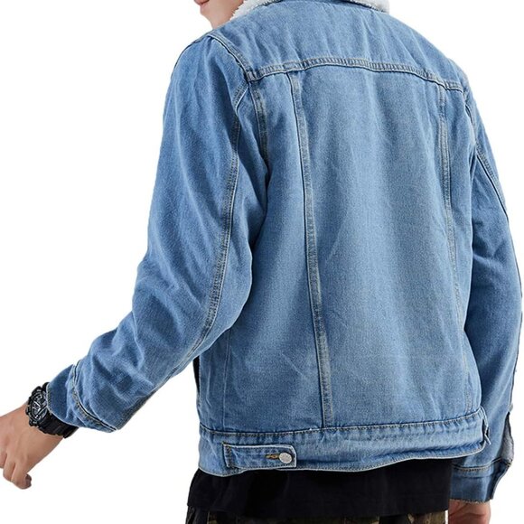 Men's Lapel Sherpa Fleece Lined Denim Trucker Jacket, Large - Warmth Meets Style - Picture 3 of 7